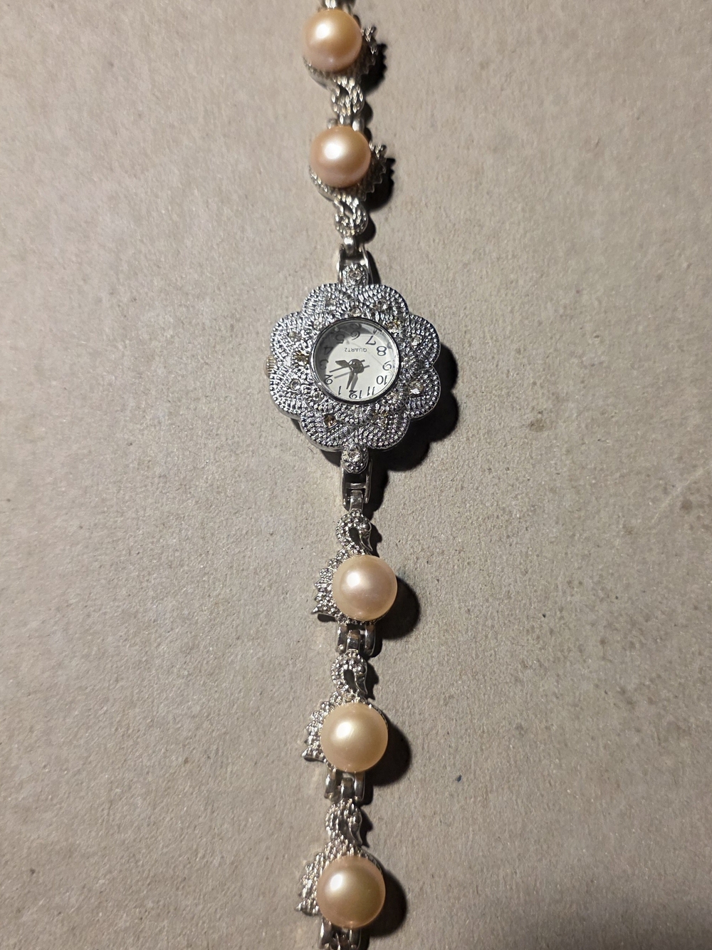 Pearl Bracelet Watch with Floral Silver Case